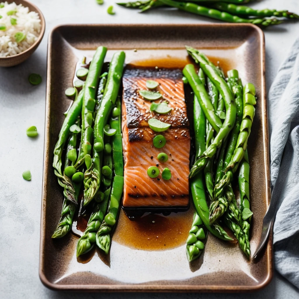 Glossy teriyaki salmon and bright green snap peas roasted on a sheet pan.