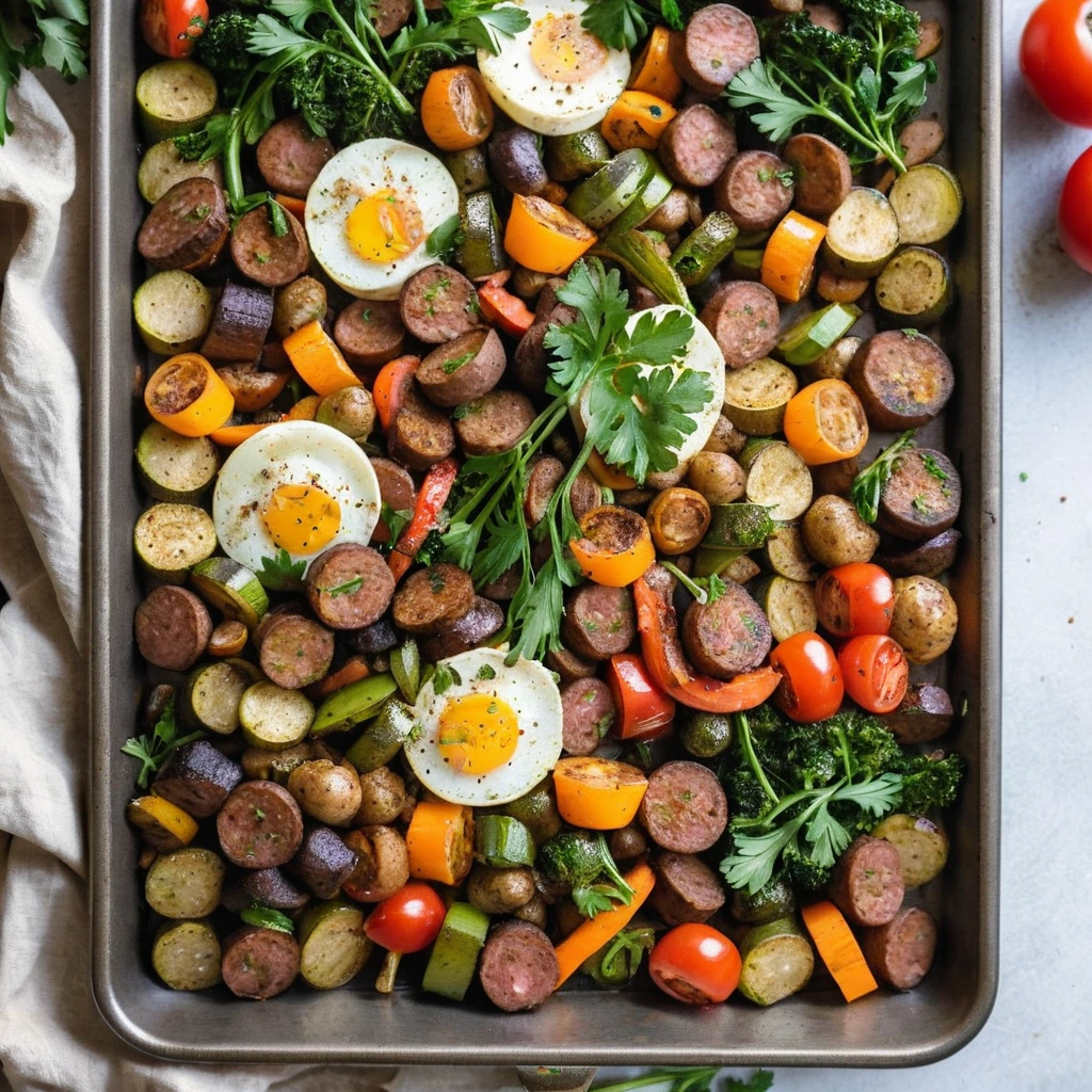 Colorful mix of roasted veggies and crumbled sausage on a sheet pan, garnished with fresh parsley.