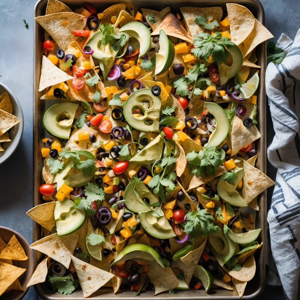 Sheet pan filled with tortilla chips, melted orange cheese, and colorful roasted vegetables.