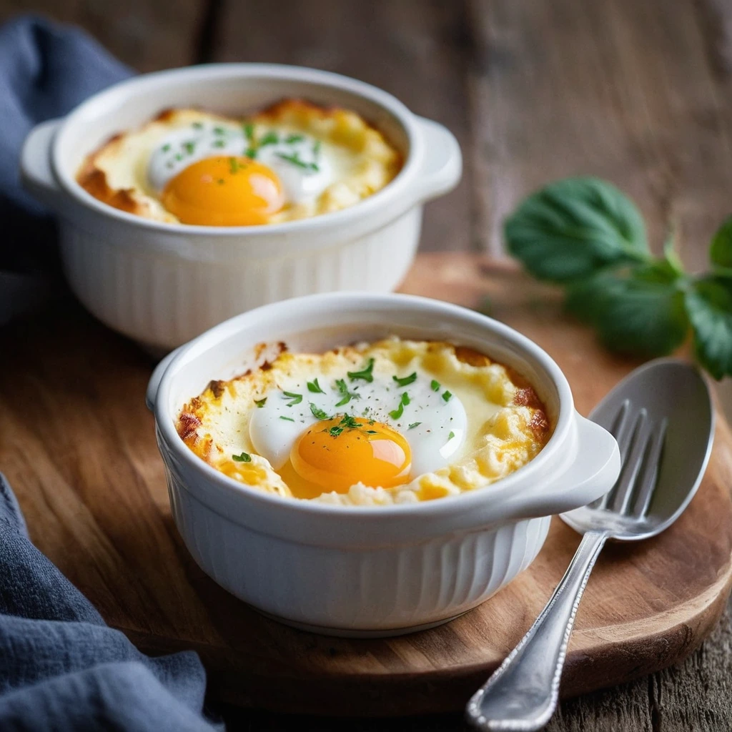 Two golden brown shirred eggs in a ramekin with melted cheese on top, served on a rustic wooden board.
