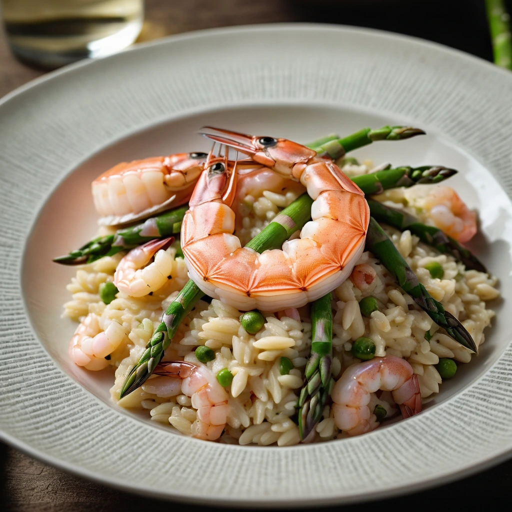 Golden risotto in a shallow bowl, topped with pink shrimp and green asparagus spears.