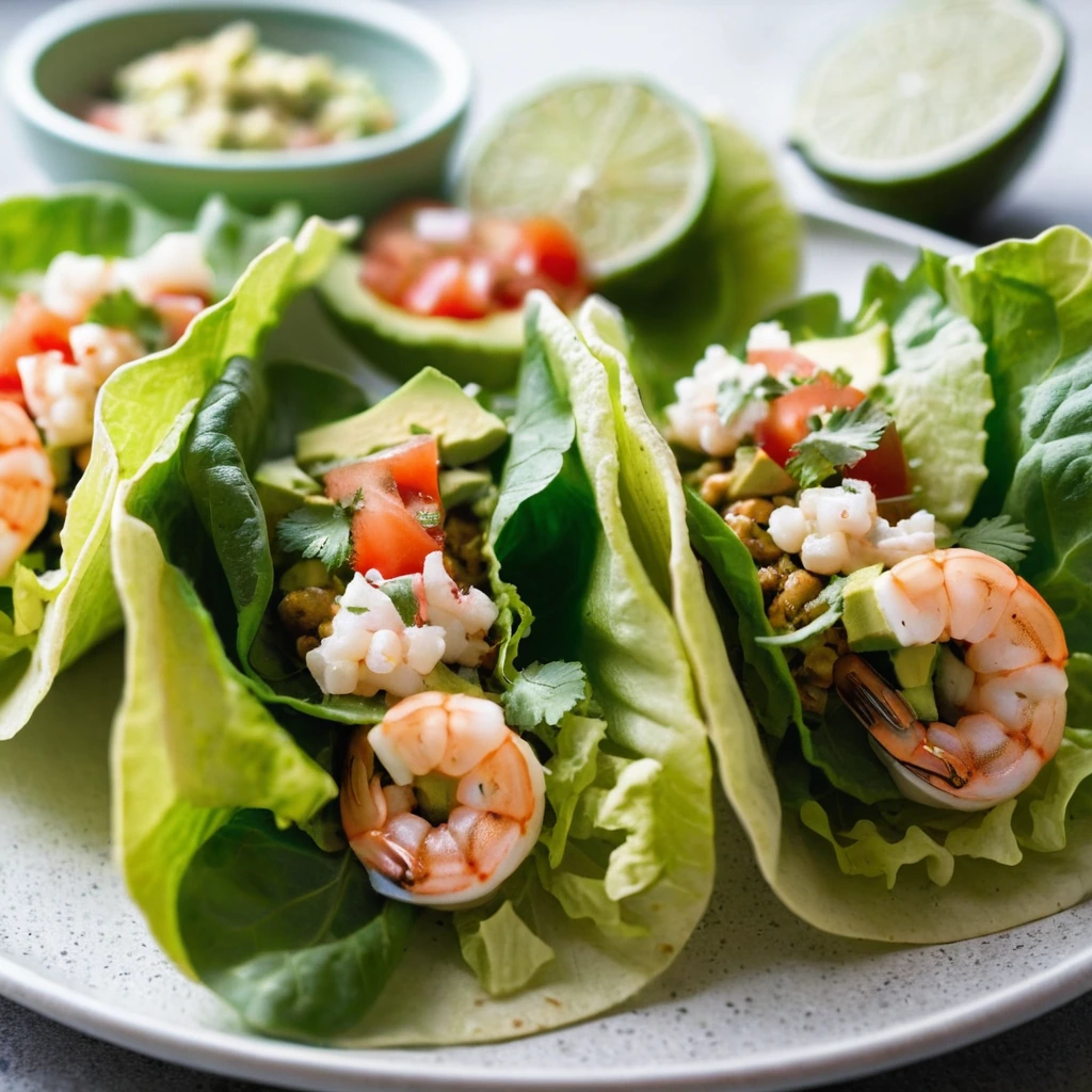 Colorful lettuce cups filled with shrimp, avocado, and salsa on a white plate.