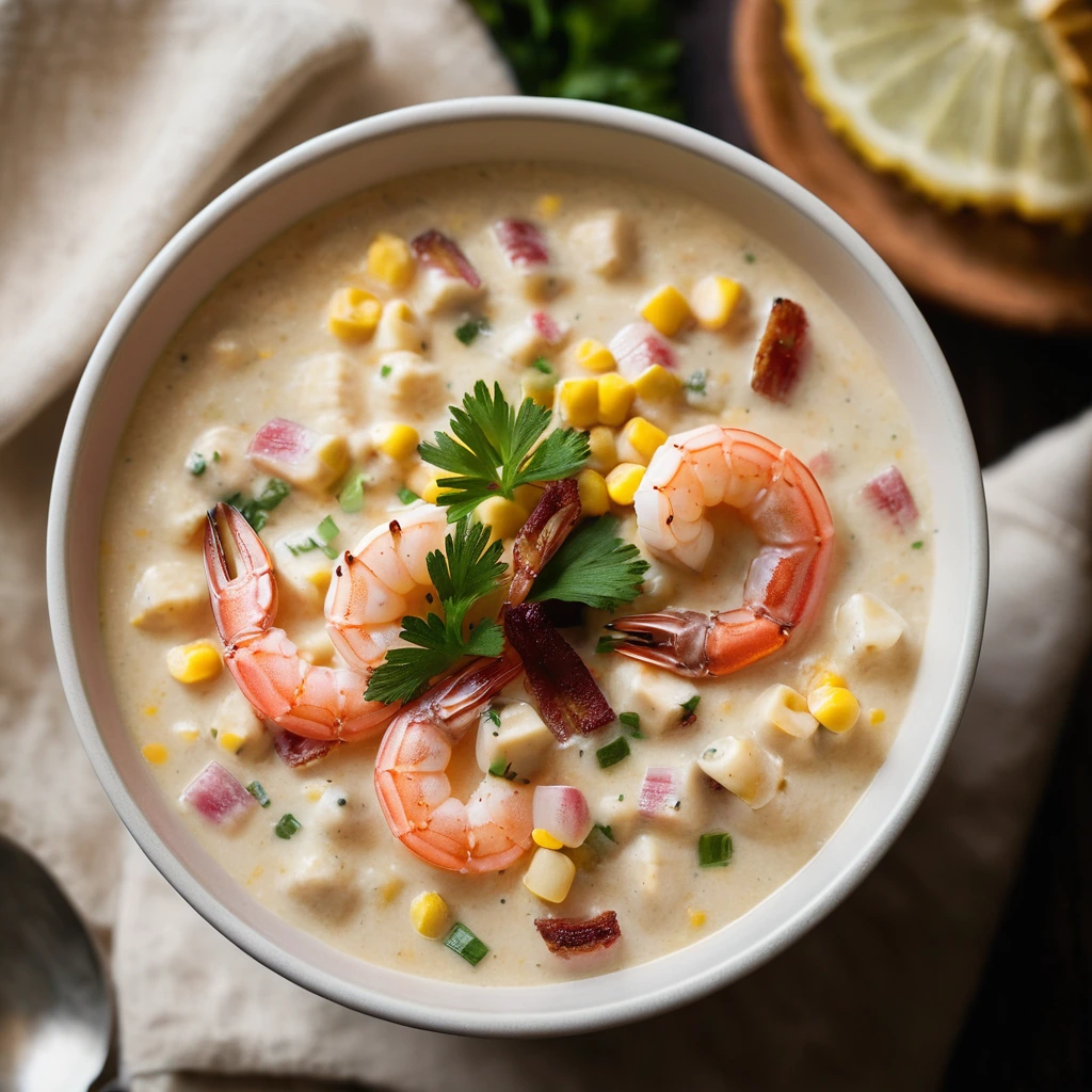 Steamy bowl of golden chowder with chunks of shrimp, bacon, and corn.