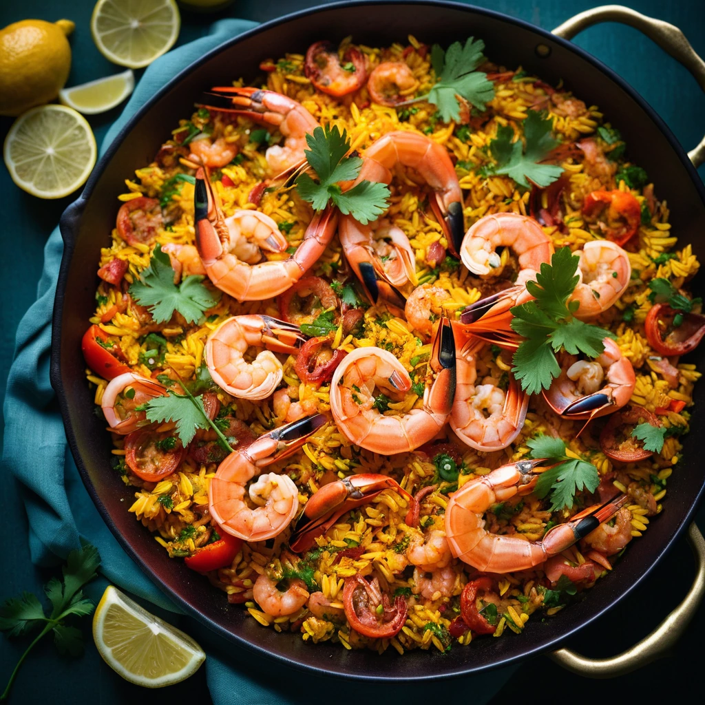Golden paella in a wide skillet, dotted with vibrant shrimp and slices of chorizo, garnished with fresh parsley.