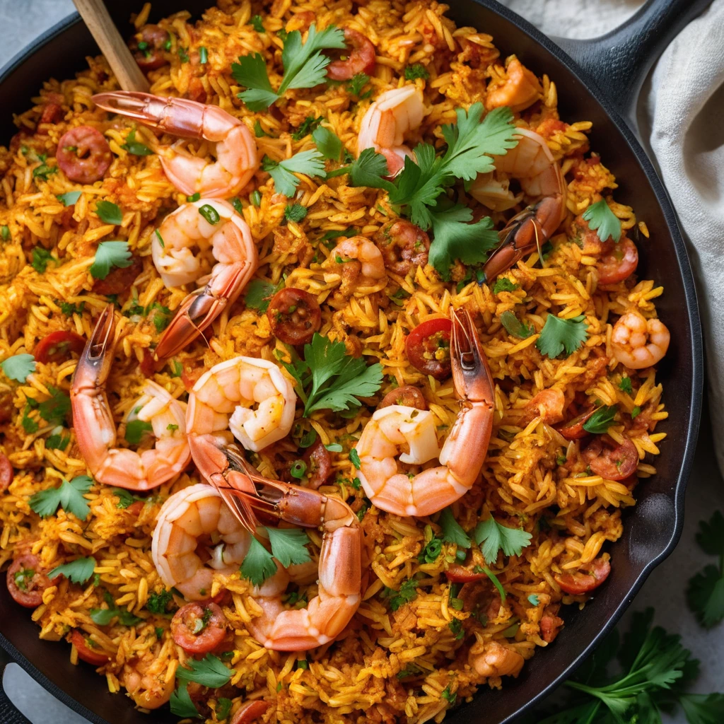Golden yellow rice in a skillet with juicy shrimp and sliced chorizo, garnished with fresh parsley.