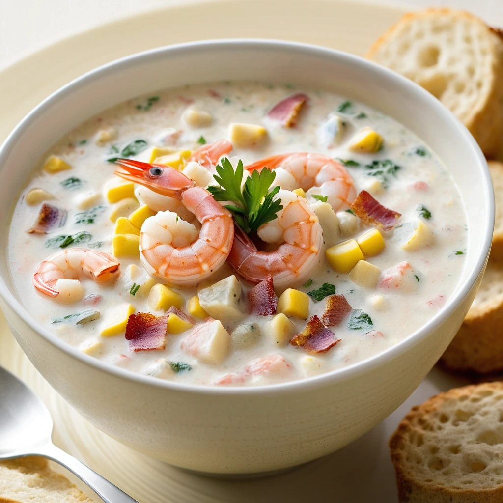 Bowl of creamy chowder with chunks of shrimp, corn, and bacon, garnished with fresh parsley.