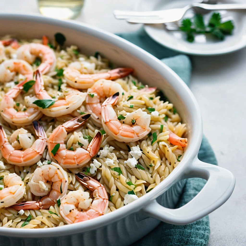 golden baked orzo casserole with shrimp and feta cheese on top, served in a baking dish