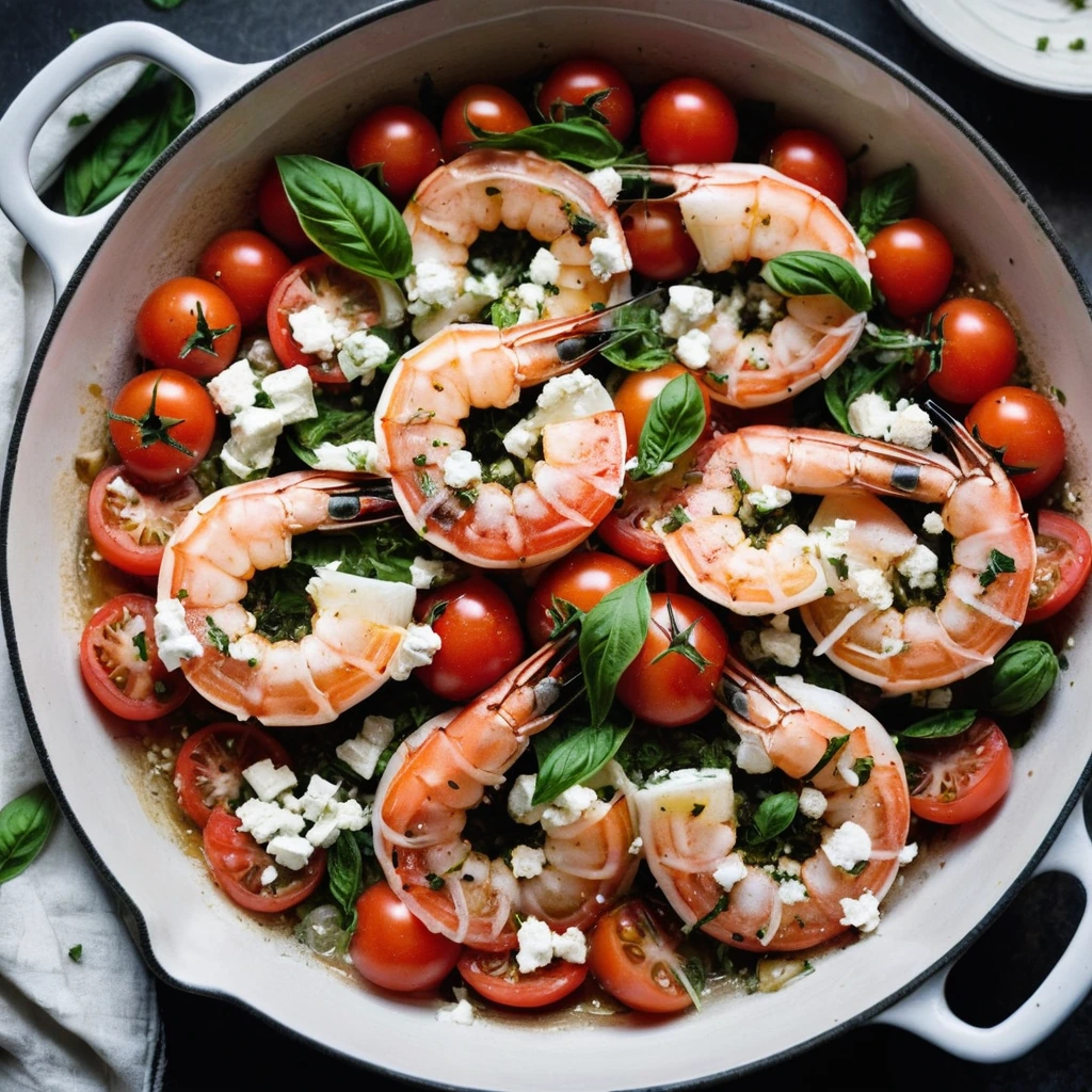 A rustic skillet filled with halved tomatoes, shrimp, and feta cheese, drizzled with olive oil and herbs.