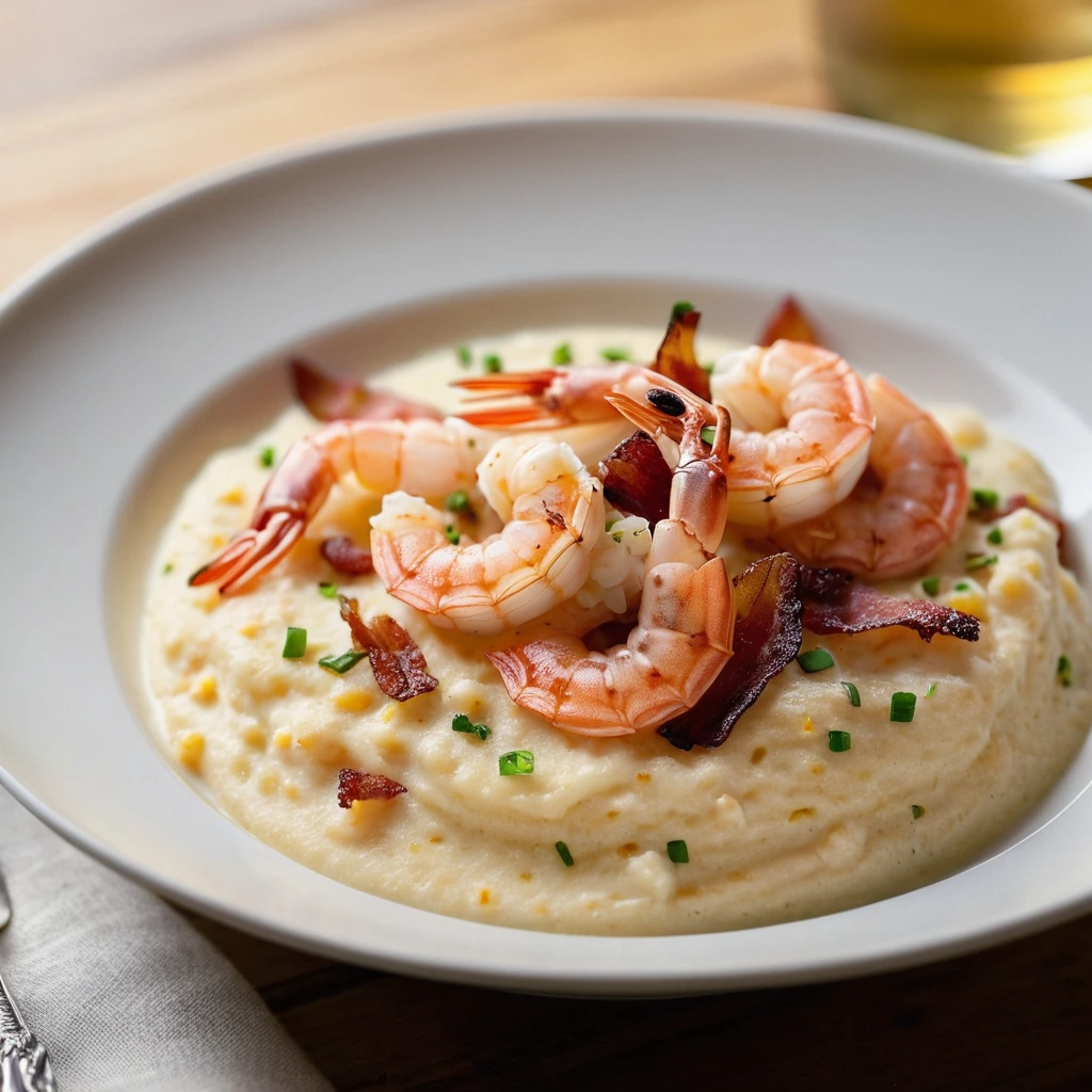 A bowl of creamy yellow grits topped with plump shrimp and crispy bacon bits, sprinkled with melted cheddar.