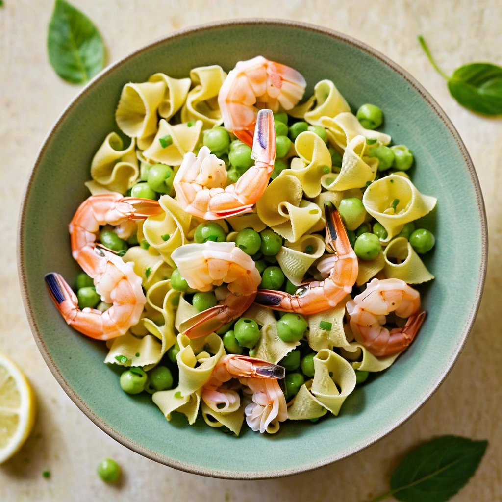Colorful farfalle pasta twirled with shrimp, peas, and lemon zest in a sunny yellow bowl, garnished with fresh parsley.