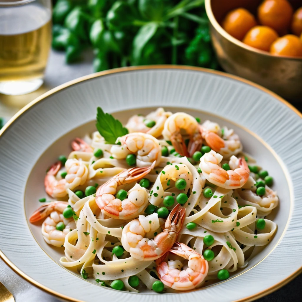 Creamy pasta dish with shrimp and peas in a golden bowl, garnished with parsley
