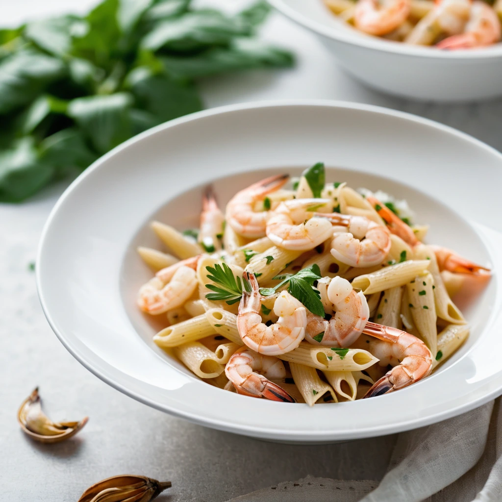 Penne pasta in a creamy sauce with shrimp and golden roasted garlic cloves served in a white bowl
