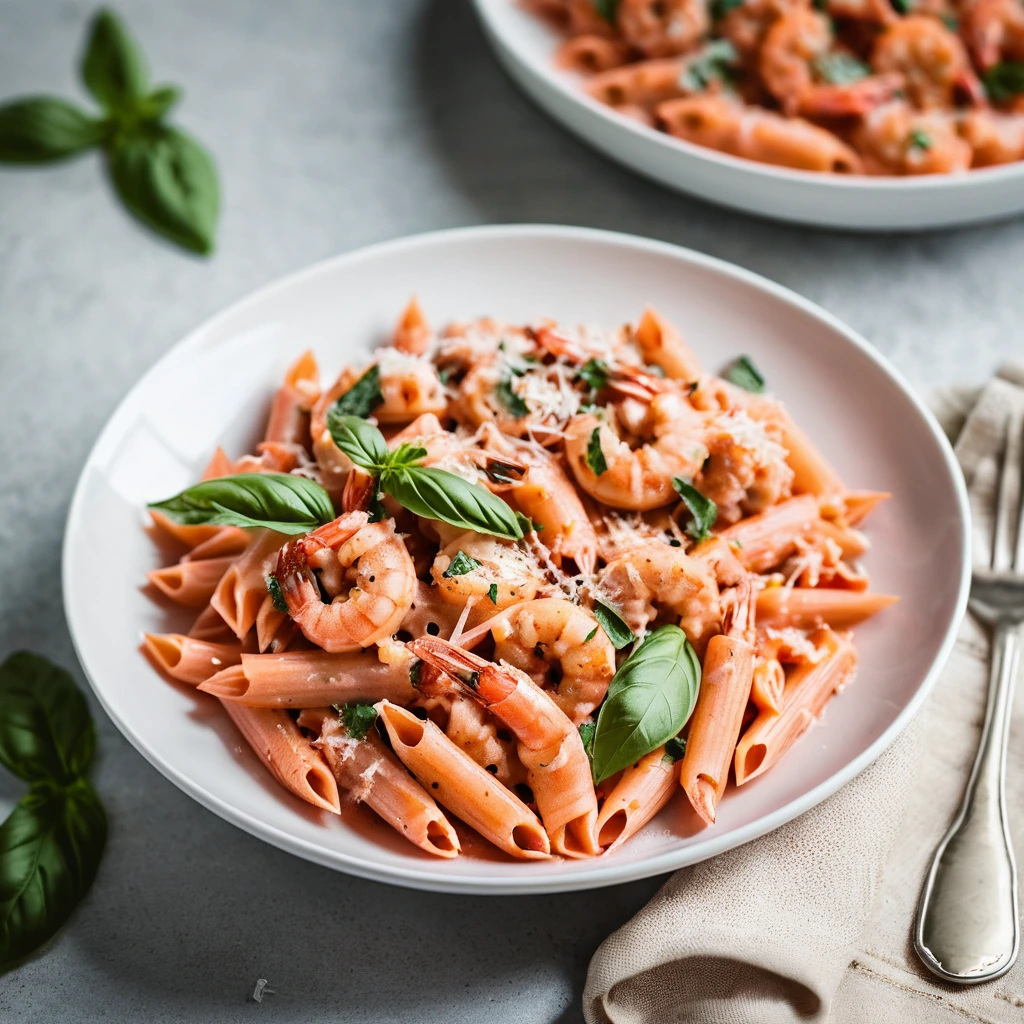 Penne pasta in a creamy tomato sauce with shrimp and sausage, topped with fresh basil and grated Parmesan.