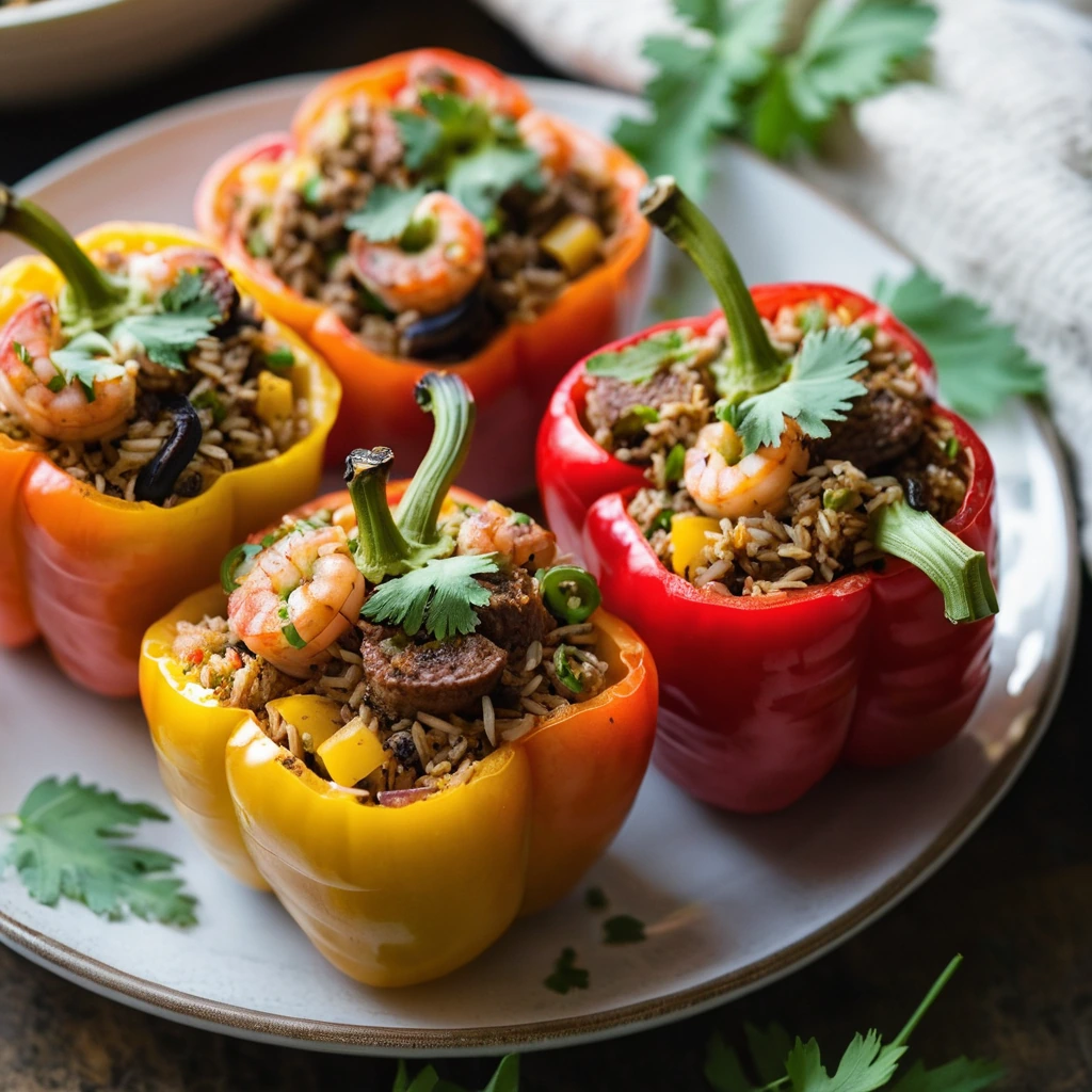 Four halved bell peppers stuffed with golden dirty rice, shrimp, and sausage, topped with green scallions.