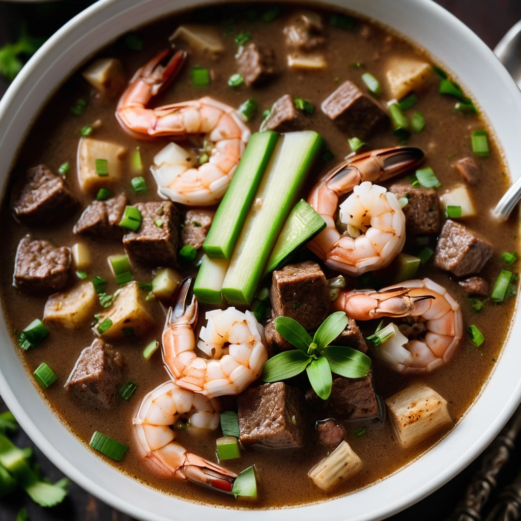 Bowl of dark brown gumbo with chunks of shrimp and sausage, topped with green scallions.