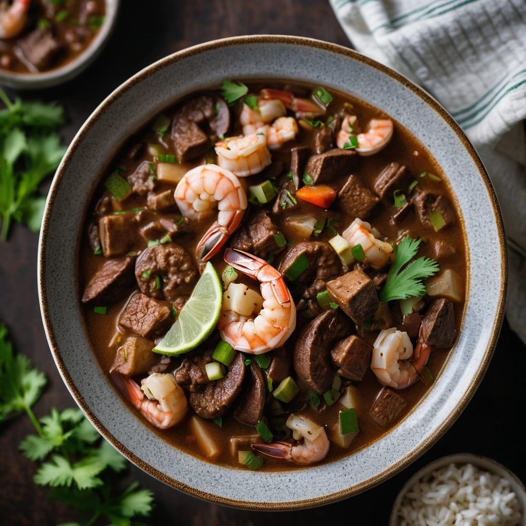 Bowl of dark brown stew with shrimp and sausage chunks, topped with green scallions.