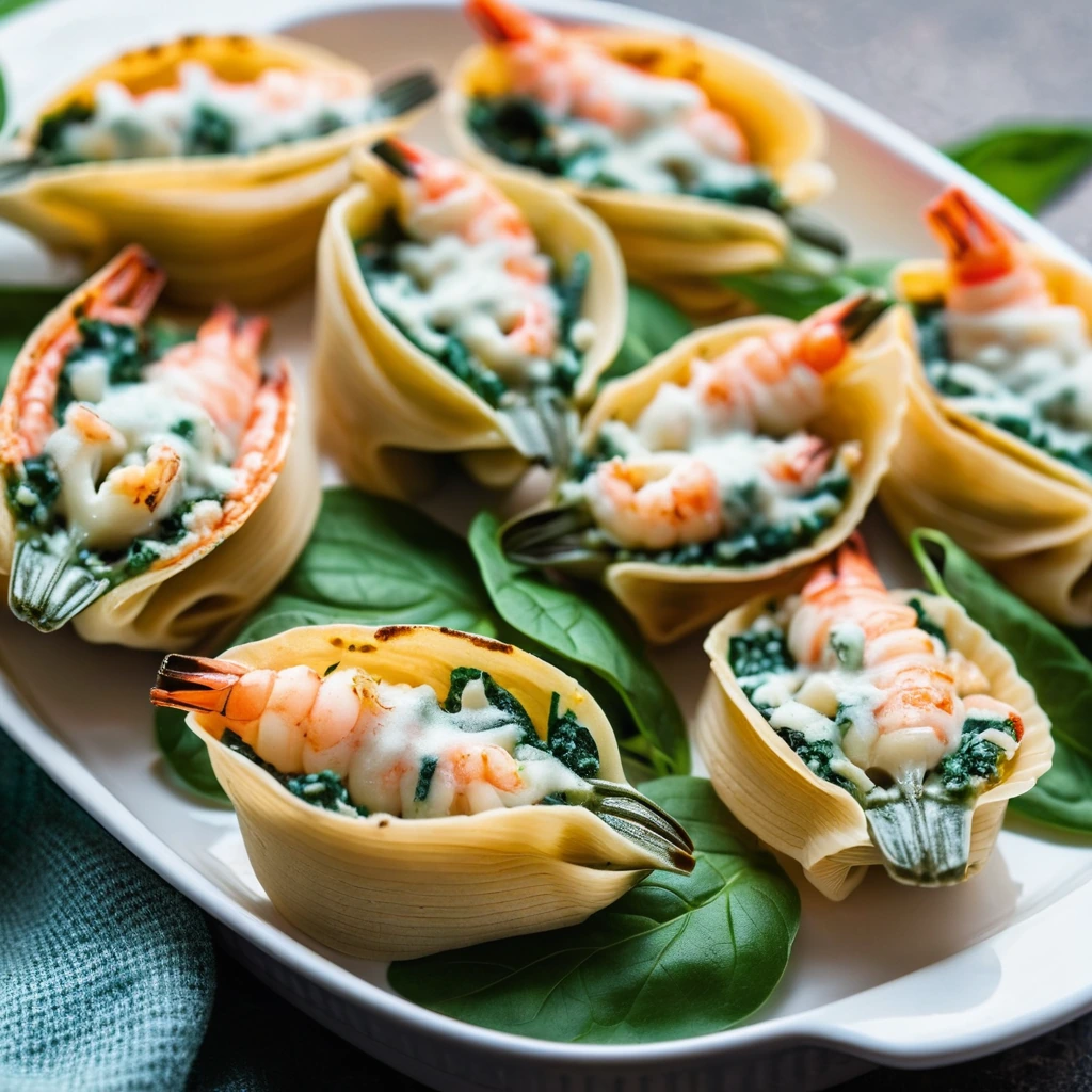 Baked shells filled with shrimp and spinach, covered in melted cheese, arranged on a serving dish.