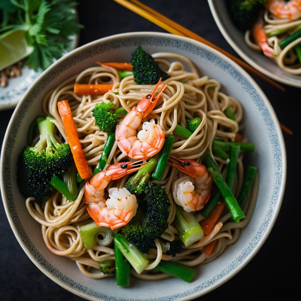 Steamed lo mein noodles in a bowl topped with shrimp and mixed vegetables in a glossy sauce.