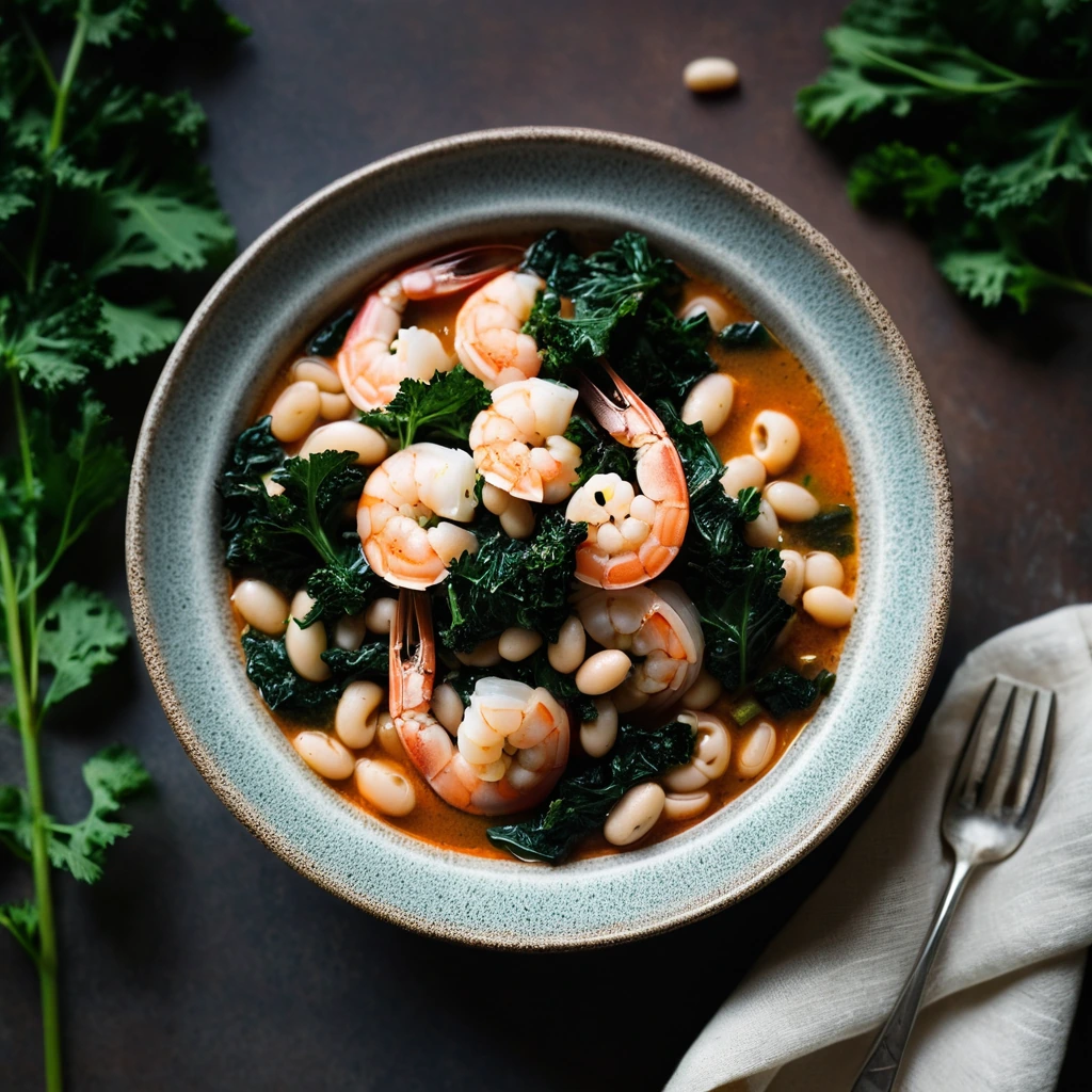 Steaming bowl of shrimp and white beans with dark kale leaves in a vibrant tomato broth, garnished with fresh parsley.
