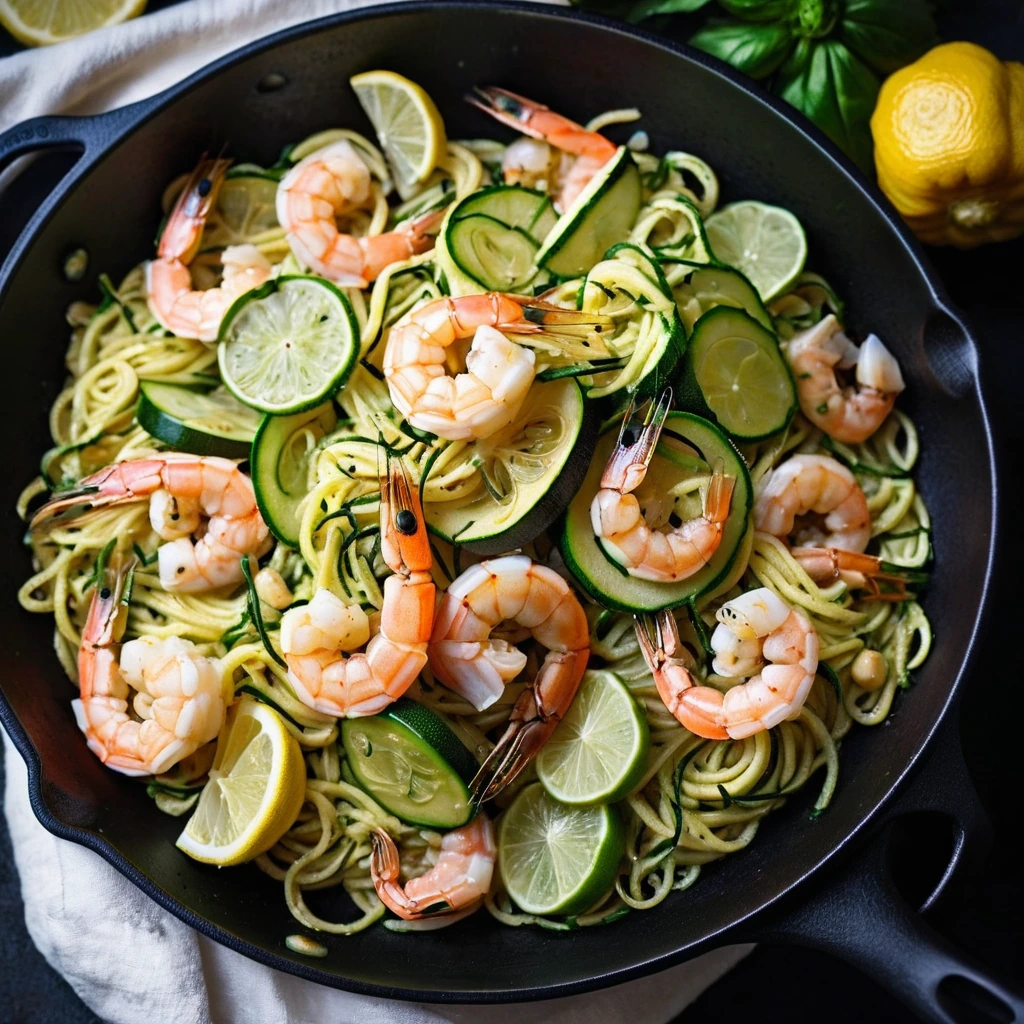 Golden shrimp and vibrant zucchini nestled in a glossy garlic-butter sauce in a sizzling skillet.