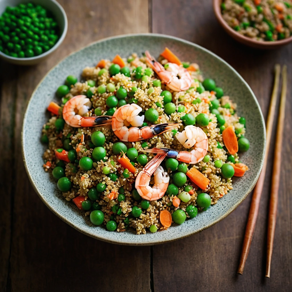 Colorful bowl of shrimp, peas, and carrots mixed with golden quinoa, garnished with green onions.