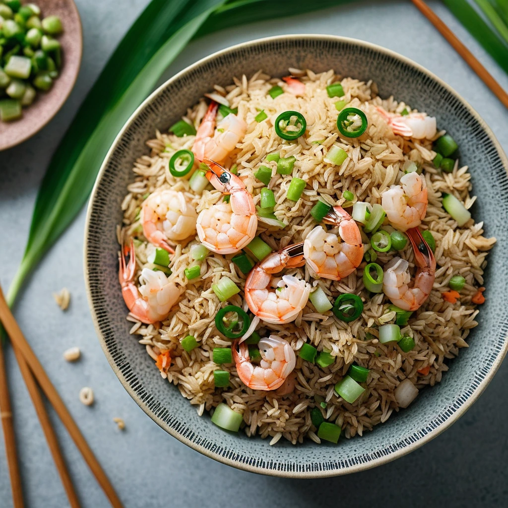 Golden fried rice with pink shrimp, green scallions, and flecks of ginger in a large serving bowl.