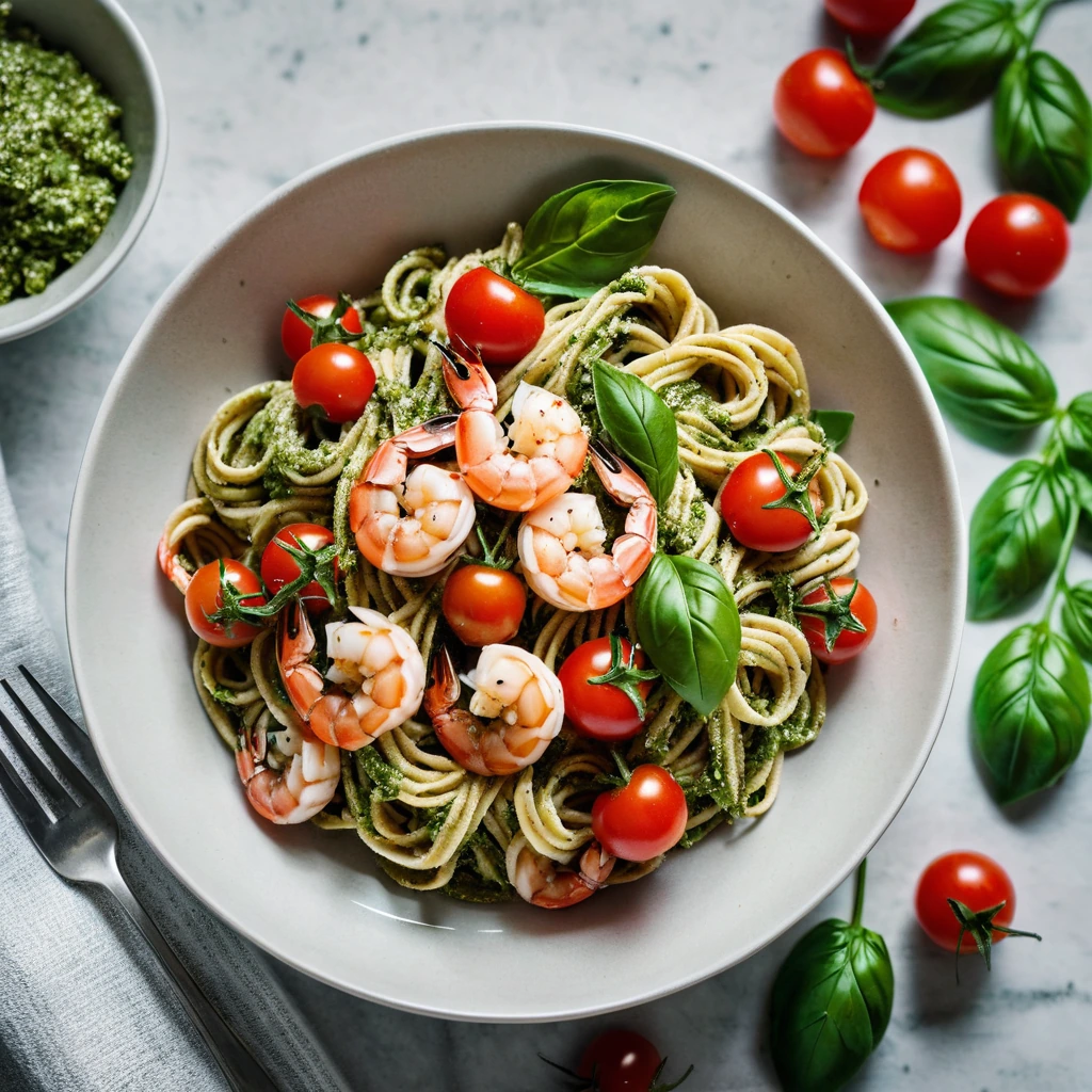 Colorful pasta dish with shrimp, cherry tomatoes, and green pesto in a white bowl.