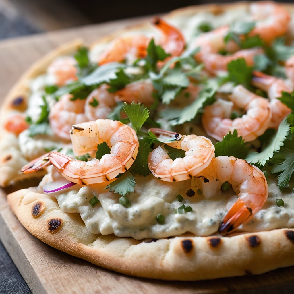Golden flatbread pizzas with plump pink shrimp, green herbs, and white sauce, garnished with pickles and cheese.