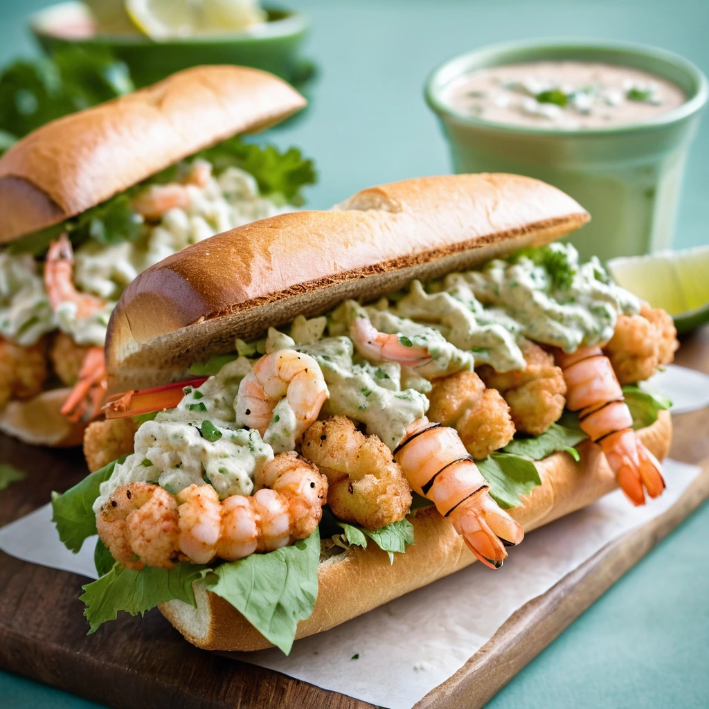 Two shrimp po' boy sandwiches on a toasted baguette with a vibrant green remoulade sauce and lettuce garnish.