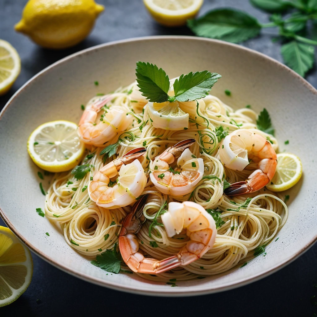 Bowl of golden angel hair pasta with plump shrimp in a glossy sauce, garnished with green parsley and flecks of lemon zest.