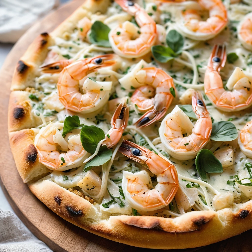 Golden pizza crust topped with succulent shrimp, white sauce, and garlicky breadcrumbs.