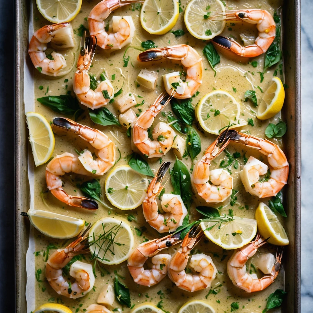 Golden shrimp arranged over toasted garlic bread on a sheet pan, drizzled with a vibrant lemon sauce.