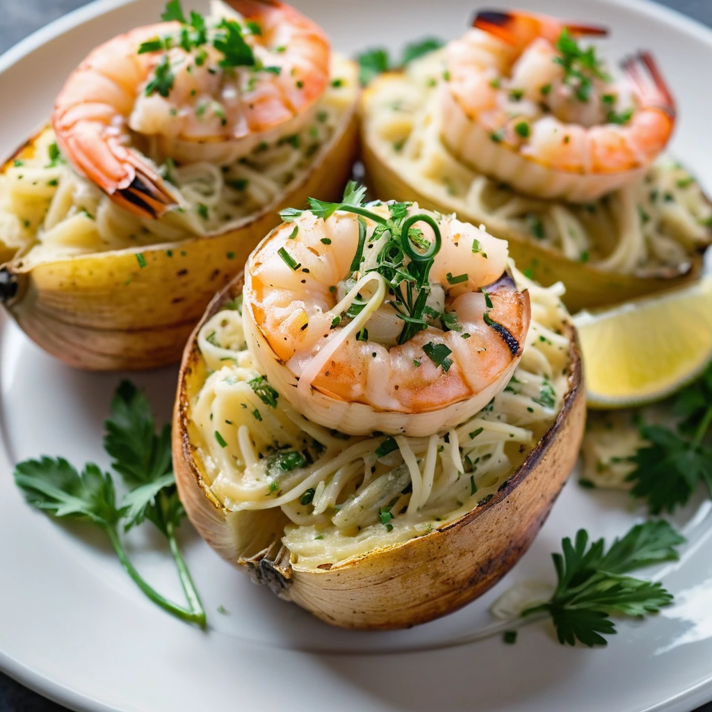 Four large baked potatoes stuffed with shrimp scampi, golden brown with melted cheese and green herbs.