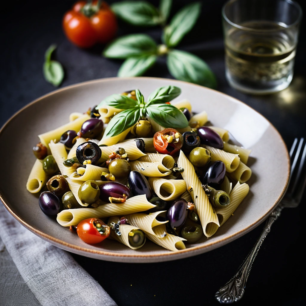 Pasta in a rich, eggplant-based sauce with green olives and capers, garnished with fresh basil.