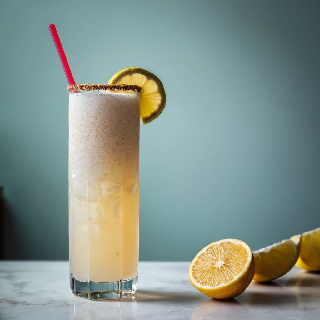 A tall glass filled with a creamy, off-white drink topped with a sprinkle of cinnamon and a thin slice of banana.