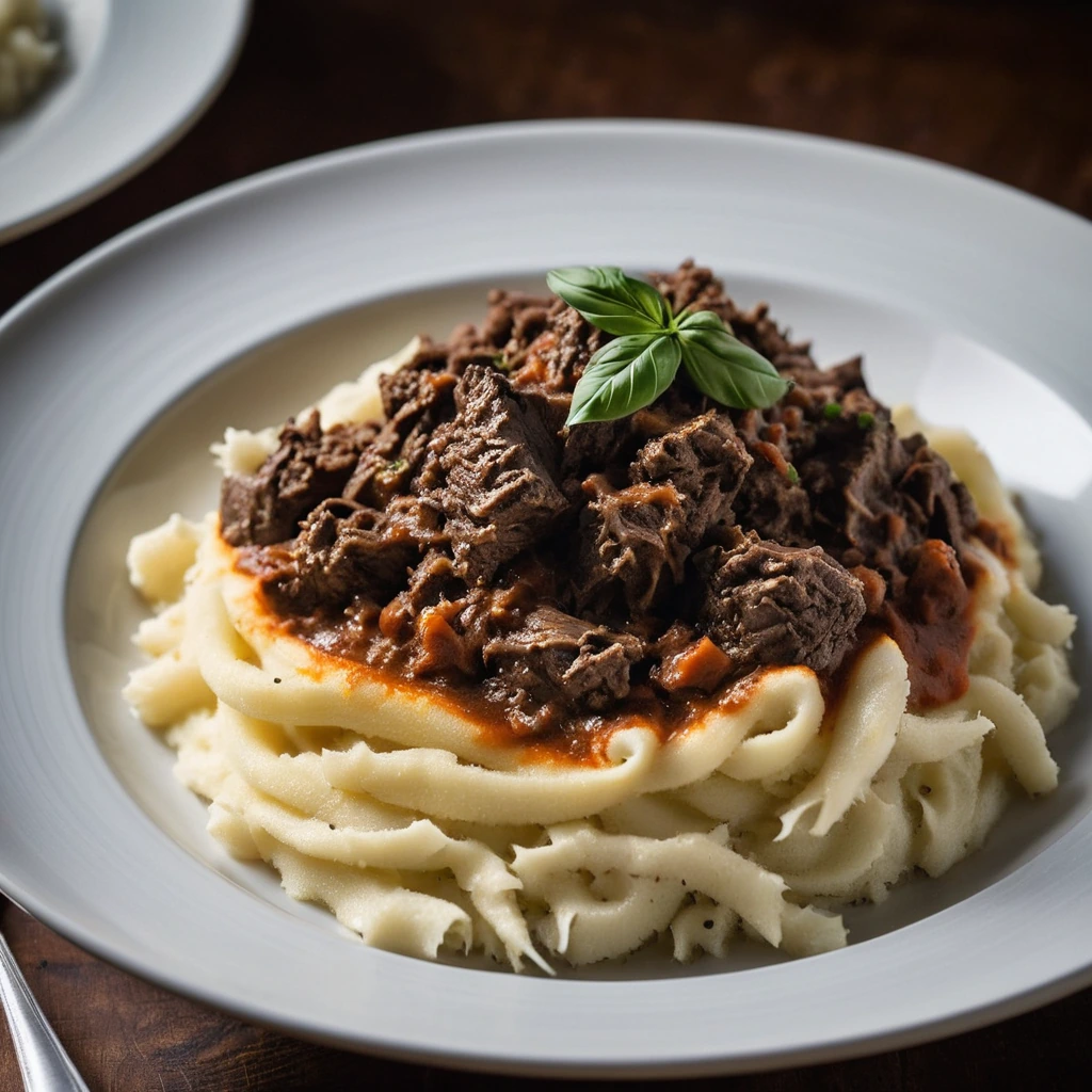 Hearty beef ragu ladled over golden mashed potatoes, sprinkled with melted cheddar cheese.