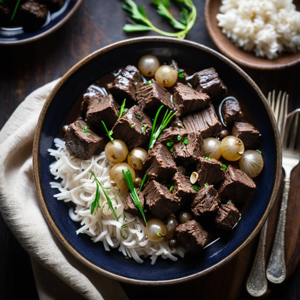 Hearty beef pieces and golden pearl onions in a glossy balsamic sauce served in a rustic bowl.