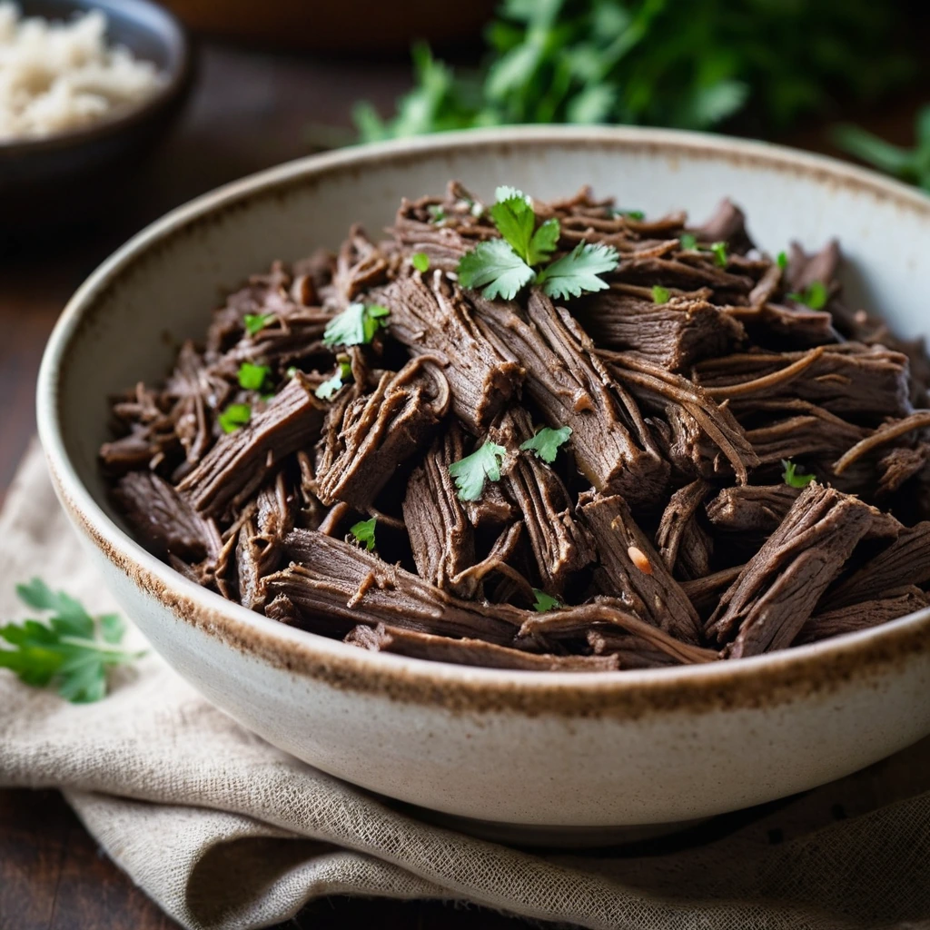 Shredded beef in a glossy balsamic sauce served in a rustic bowl with fresh parsley sprinkled on top.