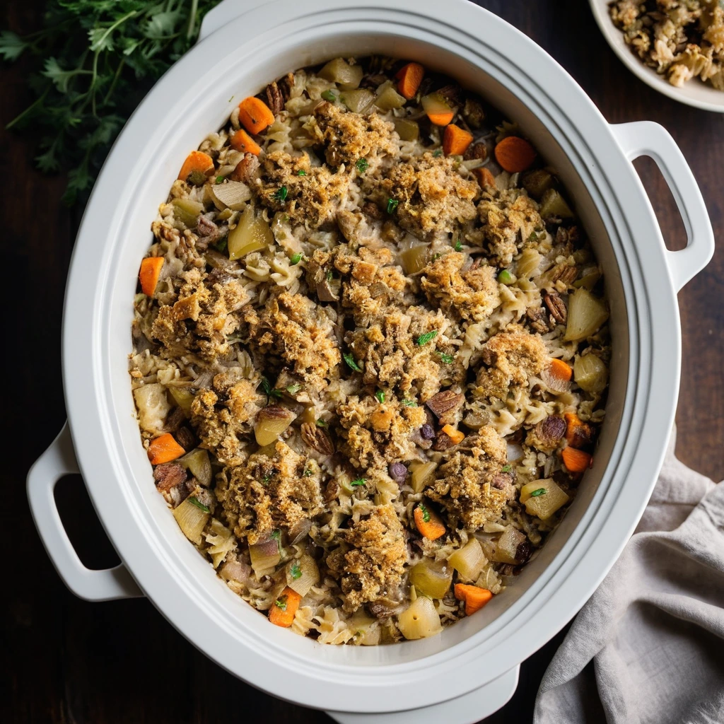 Golden casserole with crispy topping in a round baking dish