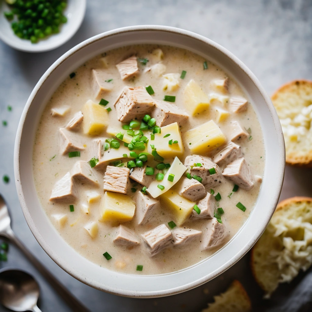 Steamy bowl of creamy soup with chunks of chicken and potatoes topped with melted cheese and green onions.