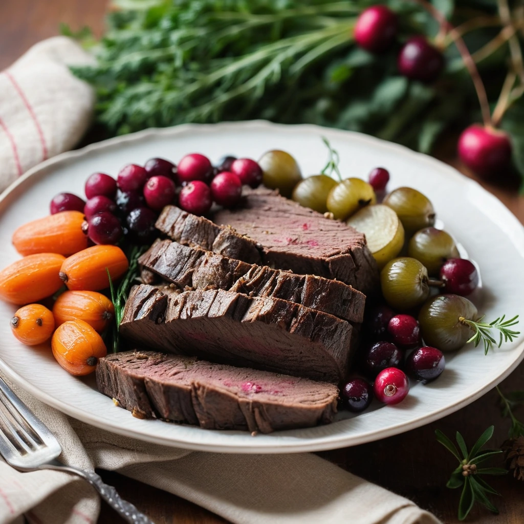 A succulent pot roast on a platter surrounded by vibrant cranberries and tender vegetables.