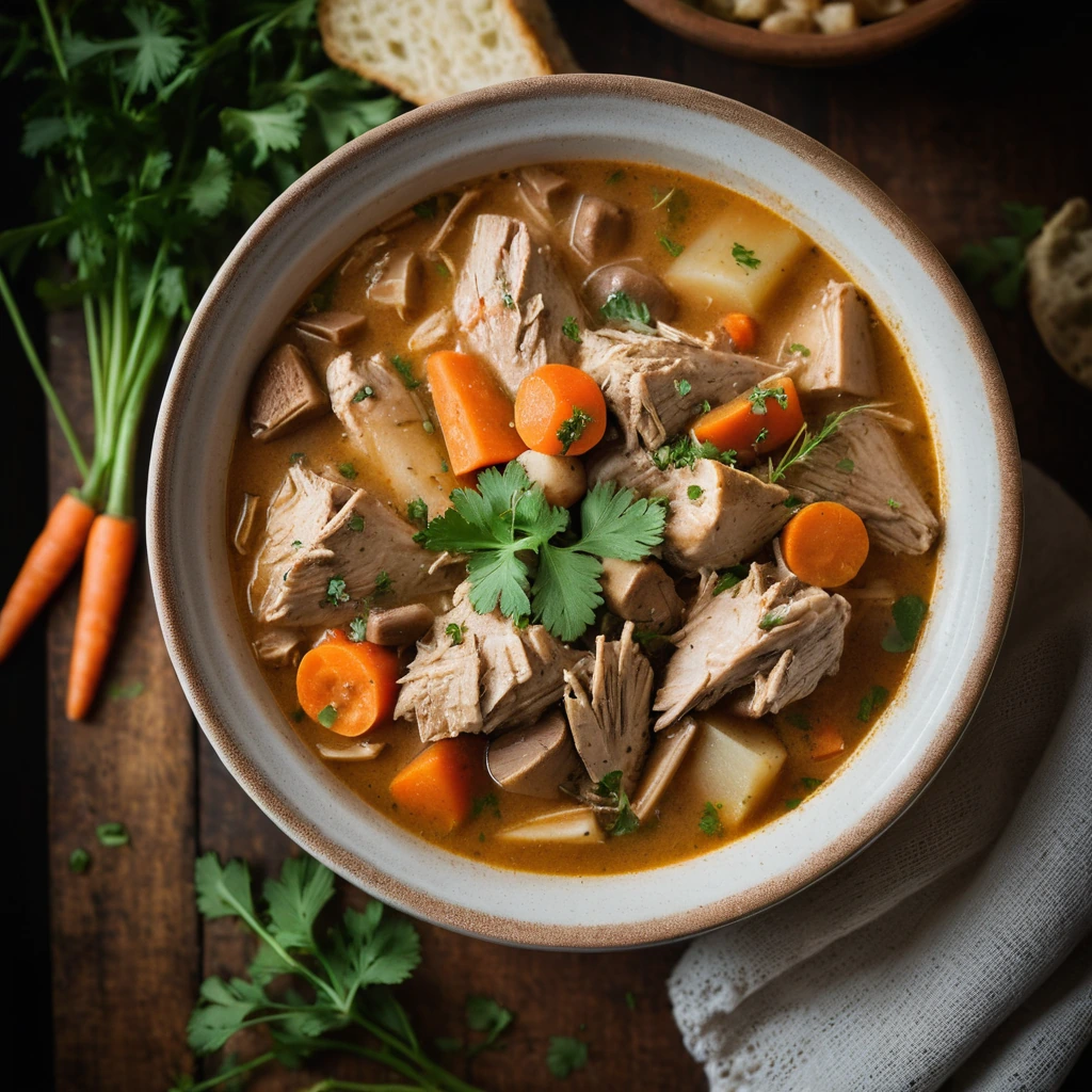 Rich golden stew in a rustic bowl, garnished with fresh parsley and chunks of chicken and vegetables.