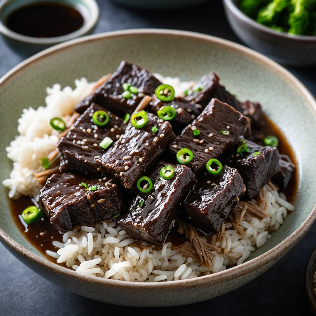 Shiny, reddish-brown short ribs in a glossy sauce, served in a shallow bowl with green sesame seeds sprinkled on top.