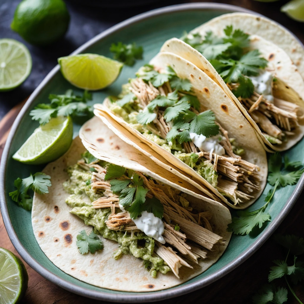 Warm tortillas filled with shredded chicken, green salsa, and fresh cilantro on a rustic wooden board.