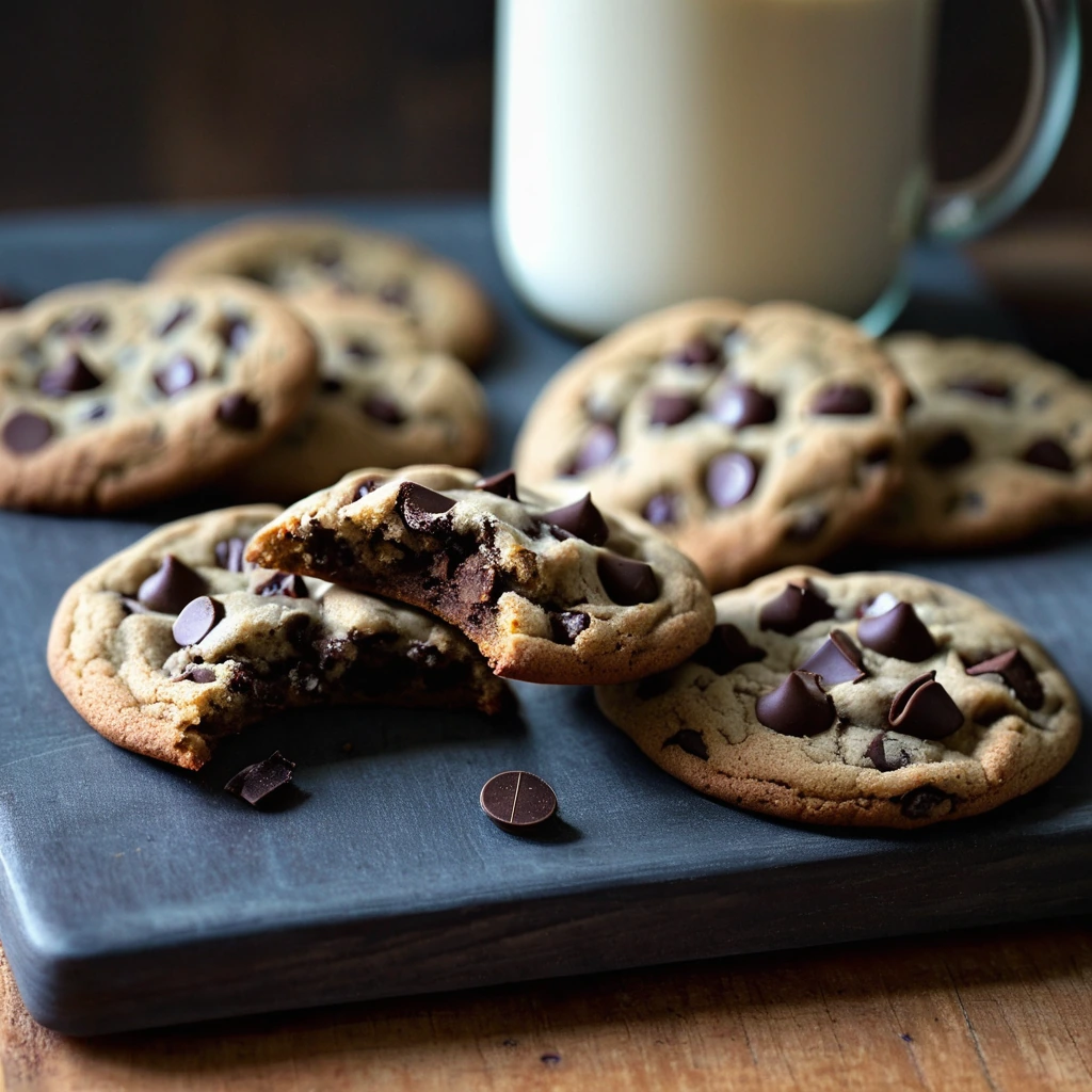 Golden brown cookies with chocolate chips on a rustic wooden board