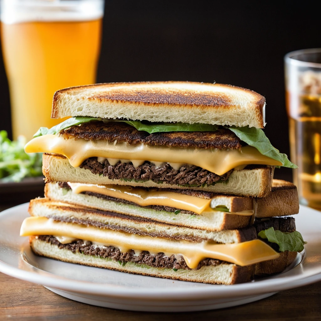 Golden brown grilled cheese sandwich with visible melted cheese and beef patty inside, served on a rustic plate.