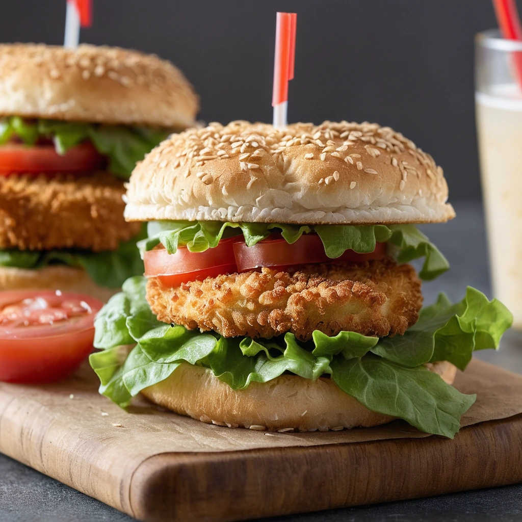 Golden crispy chicken patties on a sesame seed bun with lettuce and tomato