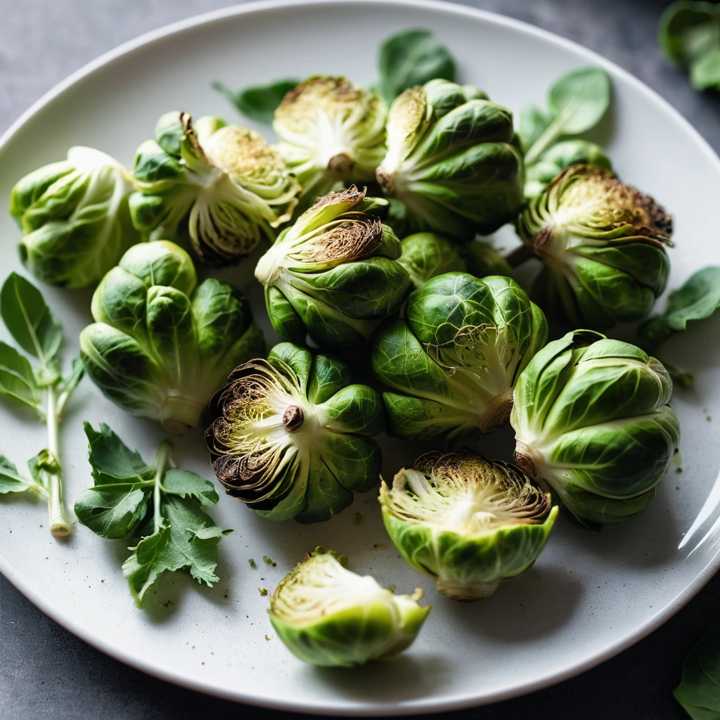 Golden roasted Brussels sprouts fanned out on a white plate with lemon wedges and fresh thyme sprigs.