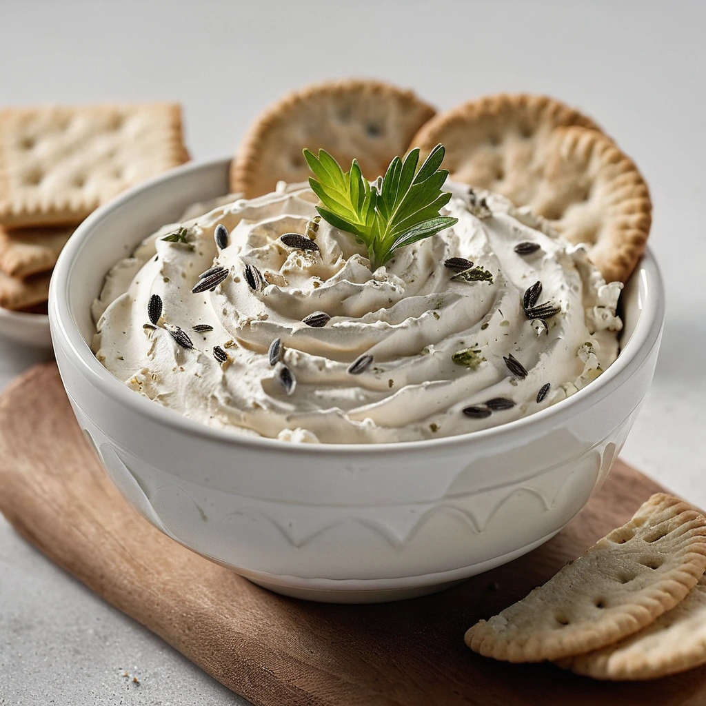 Creamy, golden-hued spread in a small bowl with a sprinkle of herbs on top, served with crackers.