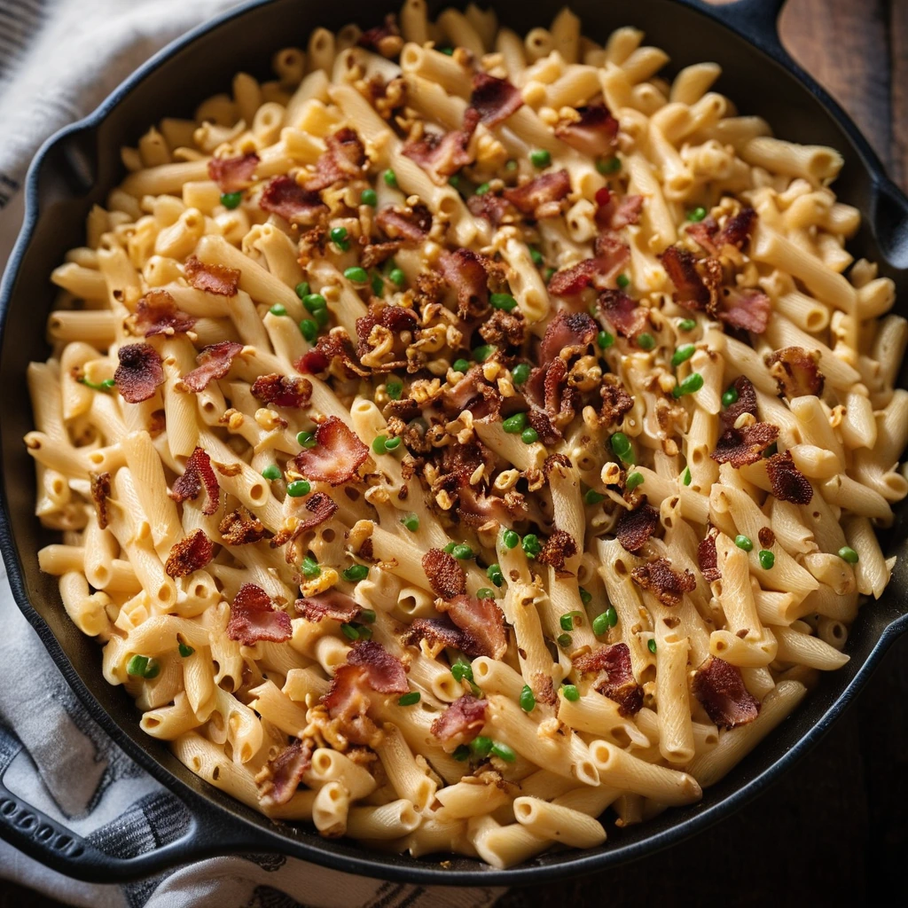 Golden pasta topped with melted smoked gouda cheese and crispy bacon bits in a skillet.